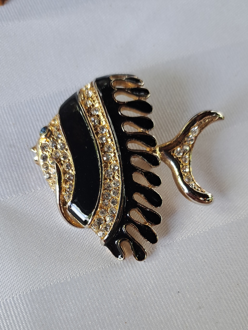 Gold & Black Crystal Fish Brooch